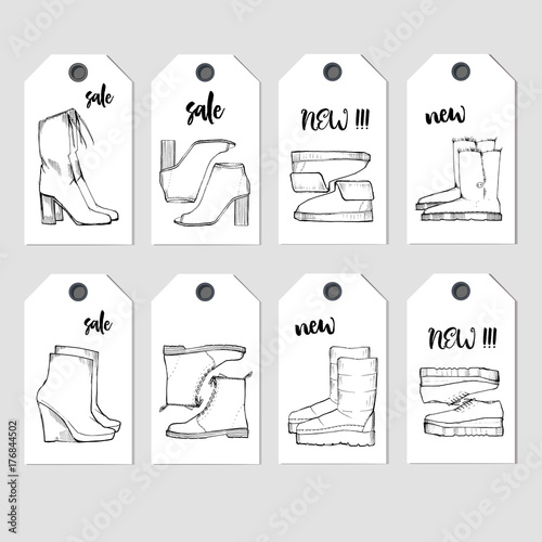 illustration of Set icons items for Shoe shop. Elements for this Sale Shoes. Graphic Tags for shoes discount.