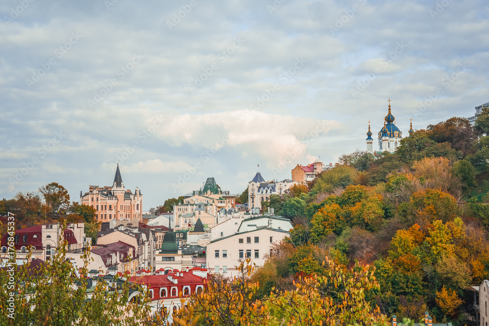 View from above on the beautiful autumn city of Kiev.