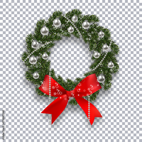 A green branch of spruce in the form of a Christmas wreath with shadow and snowflakes. Red bow, silver balls and beads on the background checkers. illustration