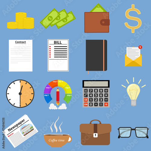 Set of businessman. Notebook, calculator, money, wallet, newspaper