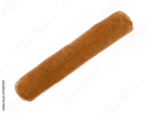 A single cheddar cheese and jalapeno pepper sausage isolated on a white background.