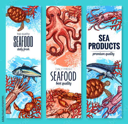 Seafood, fish and sea product sketch banner set