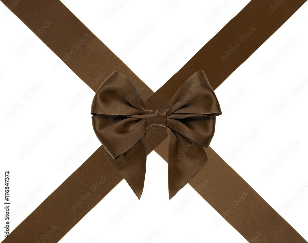 Fototapeta premium Single chocolate satin gift bow with tails with cross ribbons on white background