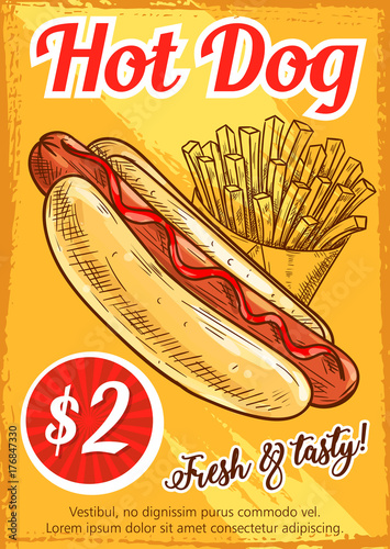 Hot dog fast food restaurant retro poster template