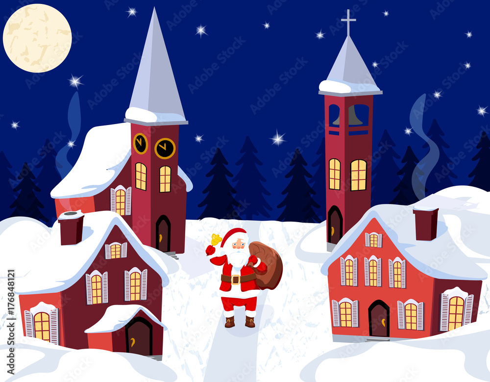 New Year Christmas. An image of Santa Claus. Winter city on New Year s Eve. illustration New Year Christmas. An image of Santa Claus. Winter city on New Year s Eve. illustration