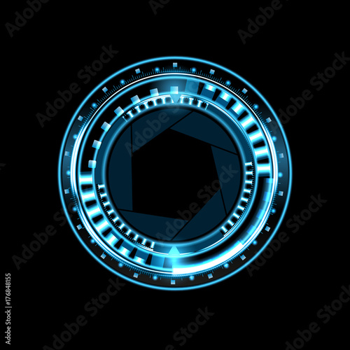 Brilliant technological eye HUD on a black background. Lens with aperture. illustration
