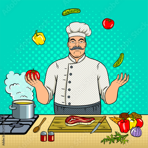 Chef juggles with vegetables pop art vector