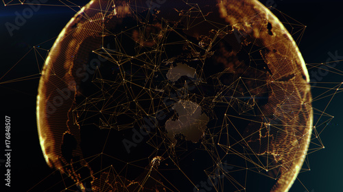 Connection lines Around Earth Globe, Futuristic Technology Theme Background with Light Effect, 3D illustration. Glowing Yellow dots.