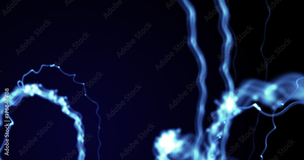 Wavy abstract dark blue perspective background. Glowing blue beams and light waves.