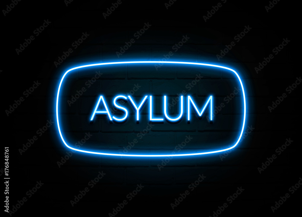 Asylum - colorful Neon Sign on brickwall Asylum - colorful Neon Sign on brickwall