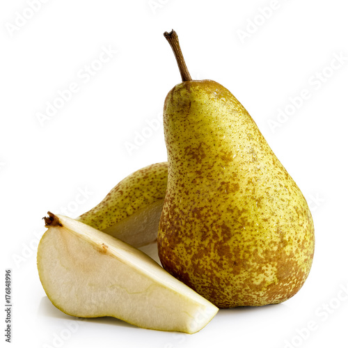 Single abate fetel pear next to a half and a slice of pear isolated on white. photo