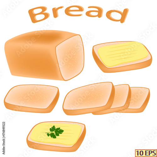 Bread. Bread sliced for sandwiches. Cheese sandwich. Bread with butter. Vector illustration for recipe, menu restaurant, kitchen interior design.
