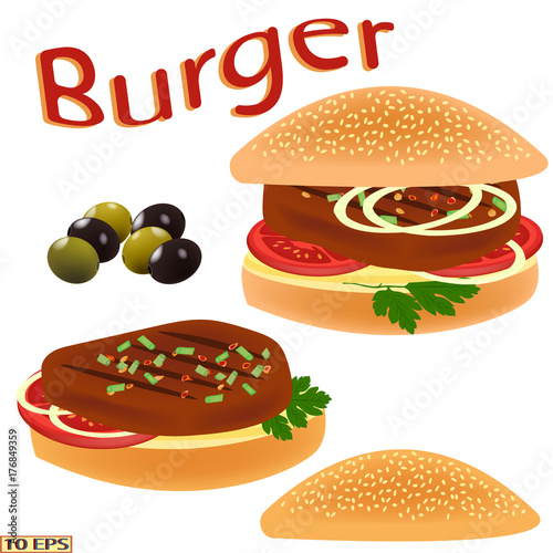 Burger. Fried cutlet and bun. Sandwich with cheese. Roasted steak on the bread on white background. Meat rissoles, tomato, onion, lettuce. Vector illustration for a recipe, restaurant menu, kitchen in