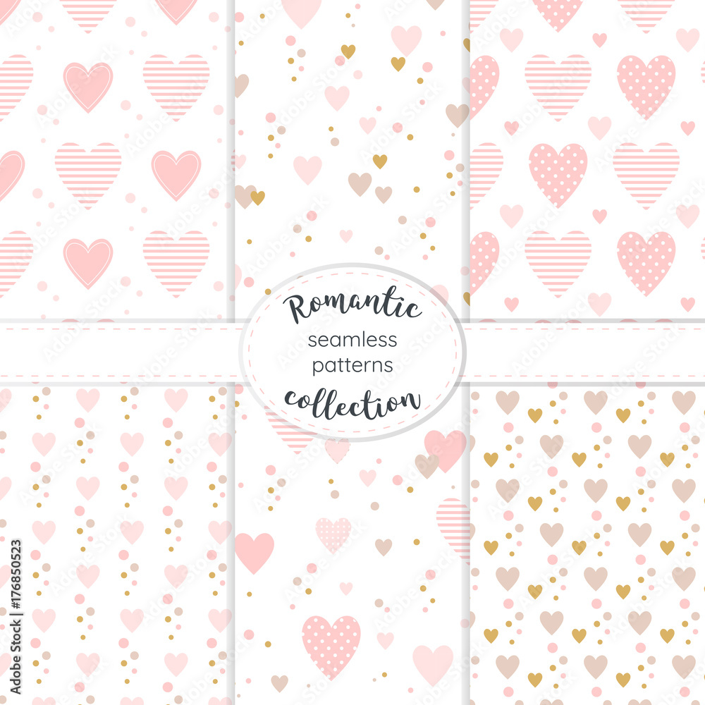 Pink and gold hearts collection of seamless vector patterns