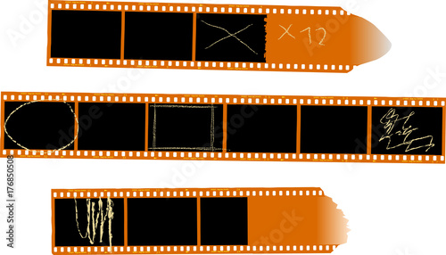 set of color negative film stripes, with marks, empty photo frames, isolated,vector