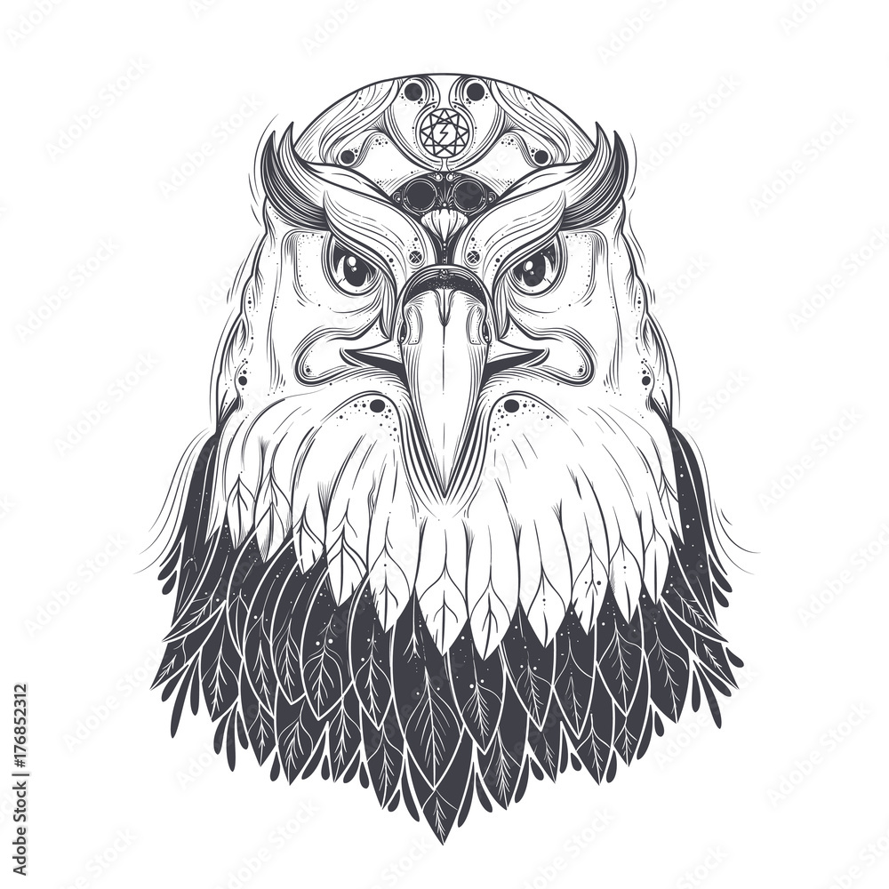 Bald eagle head with ninepointed star and runic lightning bolt symbol