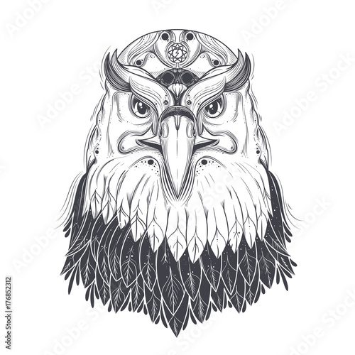 Bald eagle head with nine-pointed star and runic lightning bolt symbol on forehead line art drawn vector illustration isolated on white background. Predatory bird with pagan ornament for tattoo, print