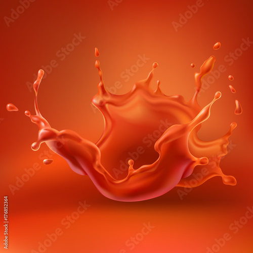 Tomato juice, blood or red paint splash with spray realistic vector illustration on gradient background. Frozen in air splashing liquid, fluid blow-up design element for food product or drink ad