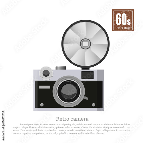 Retro camera in flat style on white background. Equipment of photographer. Technologies of 60s. Vintage gray photocamera. Vector illustration