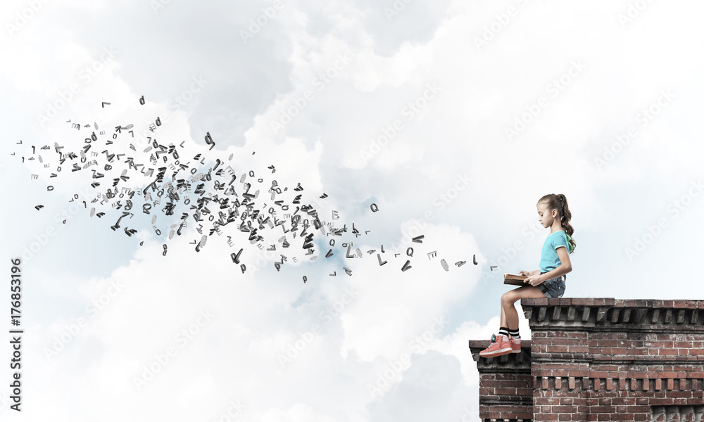 Concept of careless happy childhood with girl exploring this wor Concept of careless happy childhood with girl exploring this wor