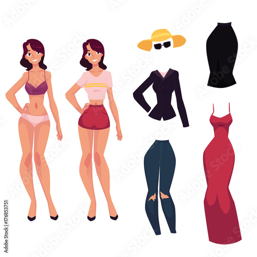 Pretty young woman, girl in lingerie, red evening dress, jeans, jacket, sunglasses and skirt, cartoon vector illustration isolated on white background. Young woman, girl and her fashion clothes