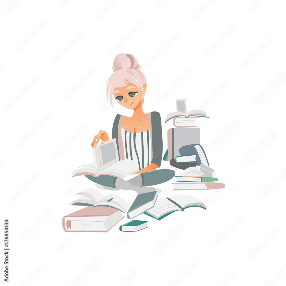 Pretty young woman reading, studying, sitting on floor among many books,  flat cartoon vector illustration isolated on white background. Glamorous  picture of pretty woman reading books, studying hard Stock Vector | Adobe