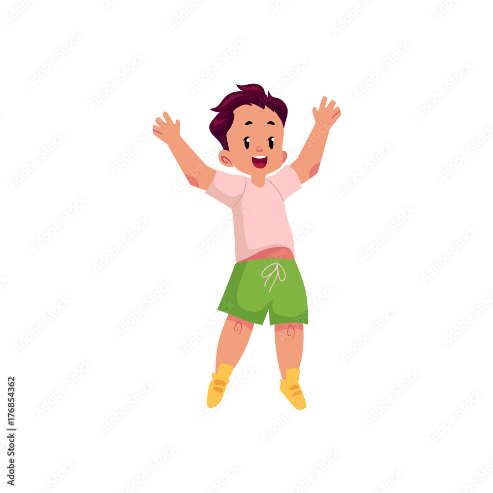 vector flat cartoon style cheerful small boy kid in green shorts jumping  smiling with arms outstretched. Isolated illustration on a white  background. Stock Vector | Adobe Stock