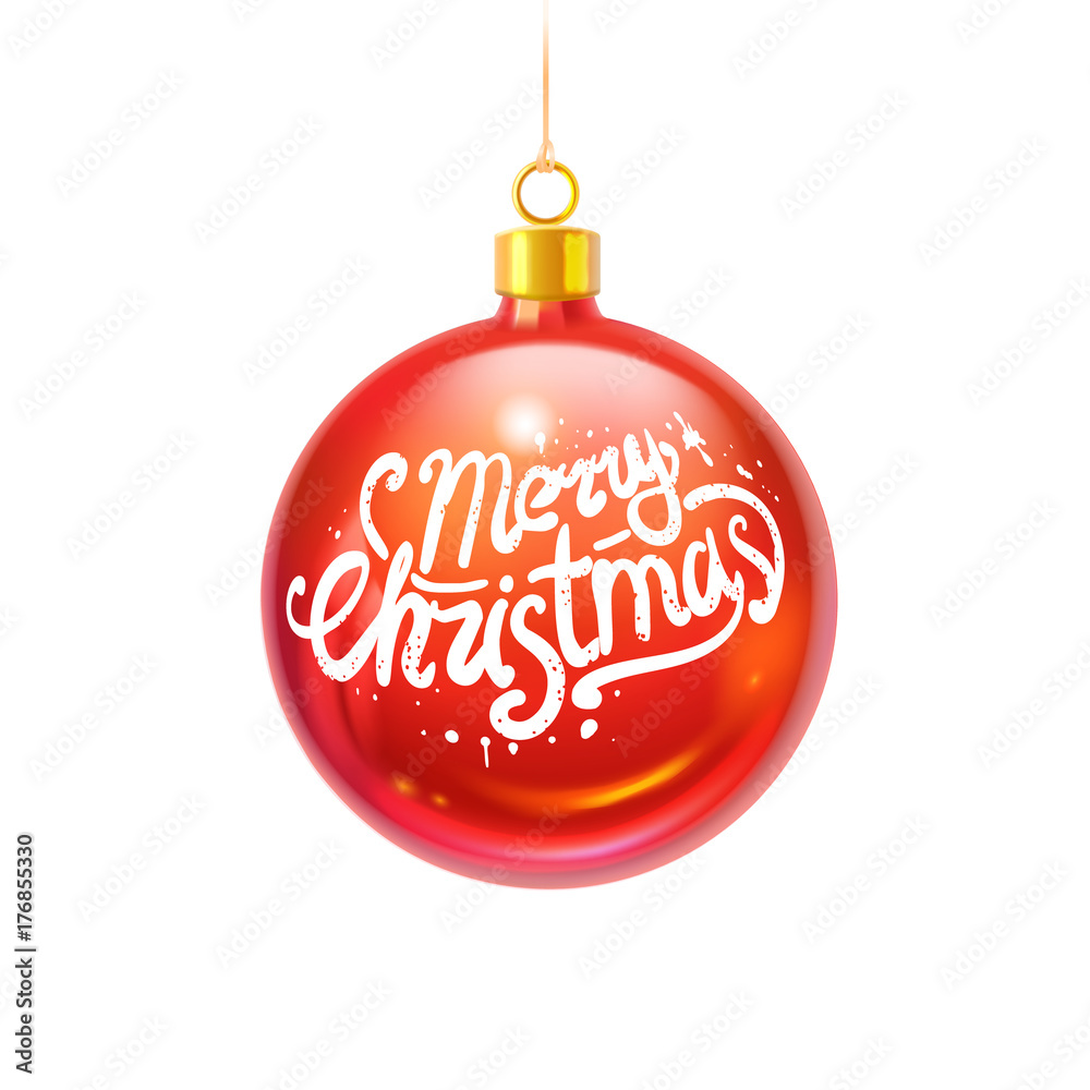 realistic glossy christmas ball with handwritten lettering