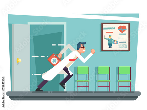 Doctor running out consulting room door hurry medical clinic cartoon character flat design vector illustration