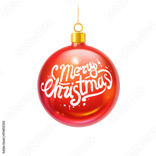 Obraz na płótnie realistic glossy christmas ball with handwritten lettering w salonie