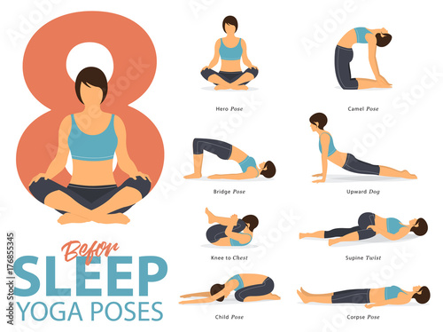 A set of yoga postures female figures for Infographic 8 Yoga poses for exercise before sleep in flat design. Vector Illustration.