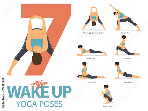 A set of yoga postures female figures for Infographic 7 Yoga poses for exercise after wake up in flat design. Vector Illustration.