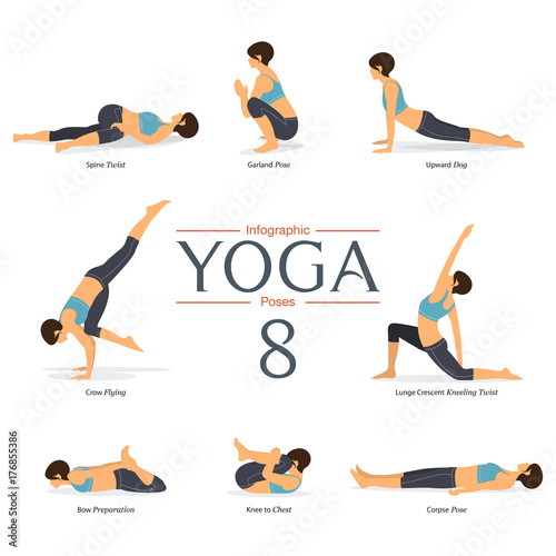 Set of 8 yoga poses in flat design . Woman figures exercise in sportswear for yoga infographics. Vector Illustration.