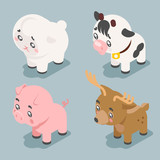 Isometric 3d cute baby animals cartoon cubs flat design icons set character vector illustration