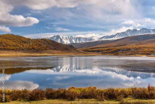 lake mountains reflection ice autumn