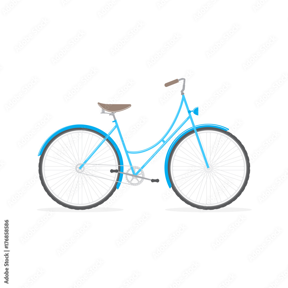 Blue bicycle on white background, flat design, vector illustration