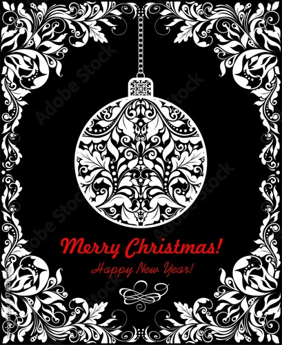 Black and white greeting vintage card with floral paper hanging ball and frame