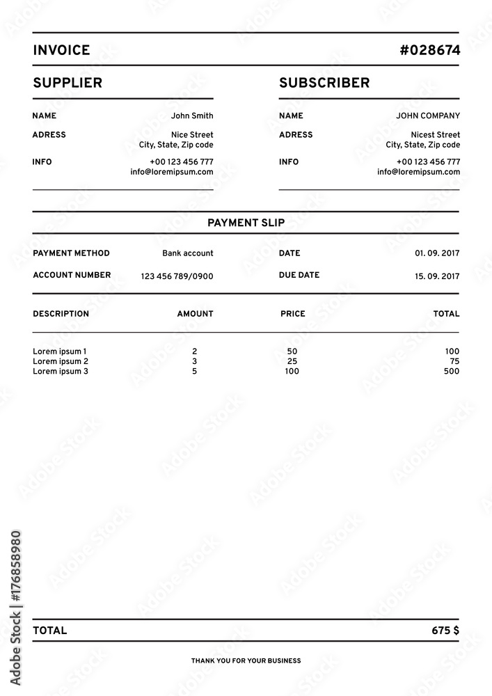 Modern simple invoice template, vector illustration, A4 format Modern simple invoice template, vector illustration, A4 format