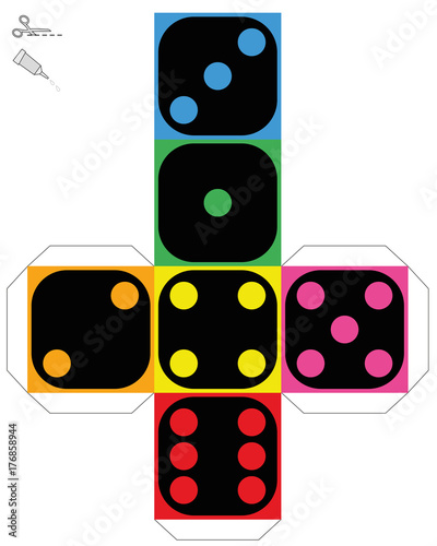 Dice template - construction sheet of a colorful cube to make a three-dimensional handicraft work out of it. Isolated vector illustration on white background.