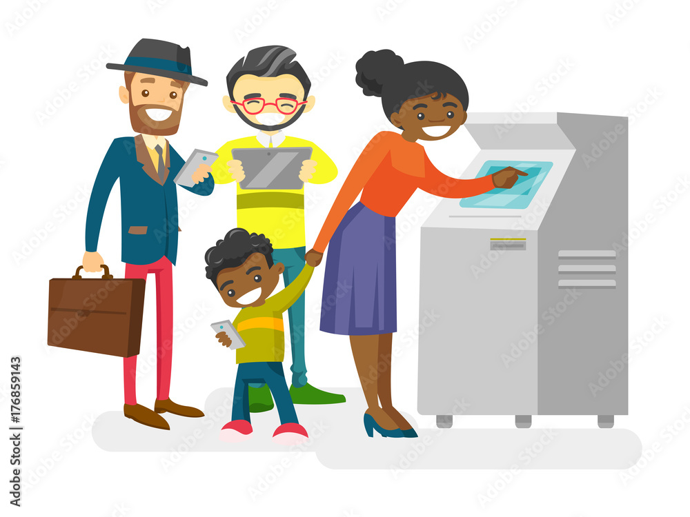 Group of Caucasian white, Asian and African-american young people standing in a queue to the ATM. Multiracial happy people using gadgets in a queue to the ATM. Vector isolated cartoon illustration. Group of Caucasian white, Asian and African-american young people standing in a queue to the ATM. Multiracial happy people using gadgets in a queue to the ATM. Vector isolated cartoon illustration.