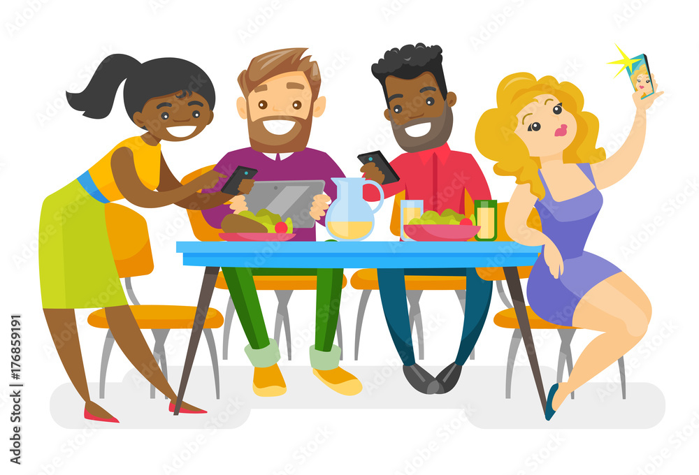 Multiethnic group of young friends sitting together at the table with smartphones and tablet computer. Caucasian white and African friends hanging out together. Vector isolated cartoon illustration. Multiethnic group of young friends sitting together at the table with smartphones and tablet computer. Caucasian white and African friends hanging out together. Vector isolated cartoon illustration.
