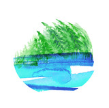 Watercolor group of green trees - fir, pine, cedar, fir-tree. Green, summer forest, landscape Against the background of blue water. Abstract logo, splash of green paint, stylish fashion illustration