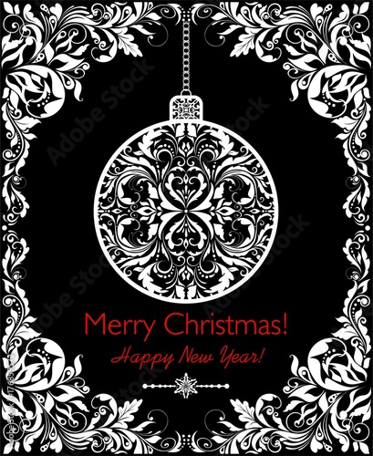 Black and white vintage card for New Years holiday with floral decorative hanging ball and frame