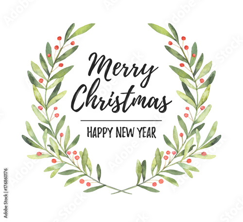 Watercolor illustration. Christmas laurel wreath. Perfect for invitations, greeting cards, blogs, posters and more. Merry christmas and happy new year