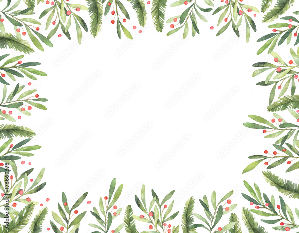 Watercolor illustration. Pre made Christmas frame. Perfect for invitations, greeting cards, prints, packaging  and more. Merry christmas and happy new year