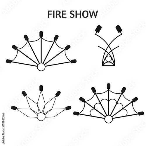 Flat design elements of fire show. Set with accessories and equipment. Flame circus Instrument isolated. devices. Fans, stuff and poi