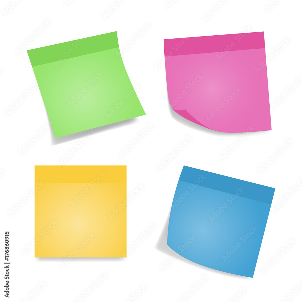 Sticky notes. Four colorful sheets of note papers isolated on white background. Different color and shadow