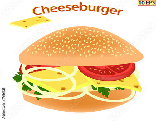 Cheeseburger. Bun with smoked ham and cheese. Hamburger. Sandwich with tomato and smoked meat. Sandwich with butter  herbs  tomato and smoked pork. Vector illustration.