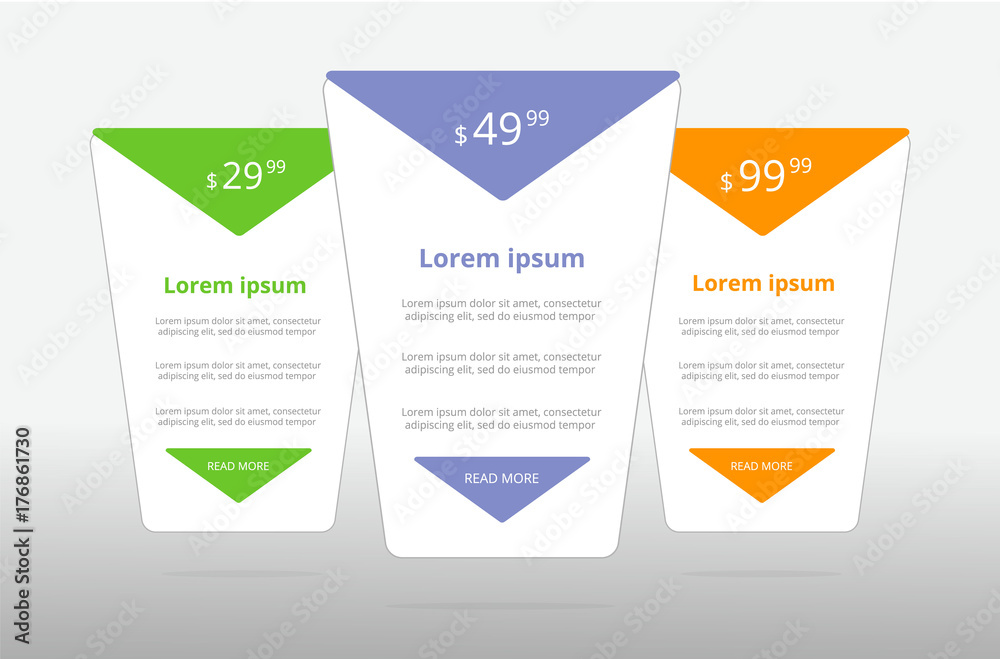 three tariffs UX. Interface for the site. Vector banner for web app. Pricing table, banner, order, box, button, list and bullet with plan for website. three tariffs UX. Interface for the site. Vector banner for web app. Pricing table, banner, order, box, button, list and bullet with plan for website.