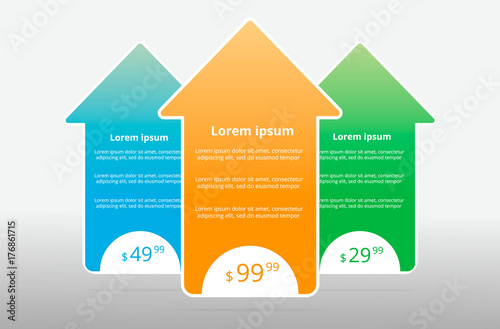 three tariffs UX. Interface for the site. Vector banner for web app. Pricing table, banner, order, box, button, list and bullet with plan for website.